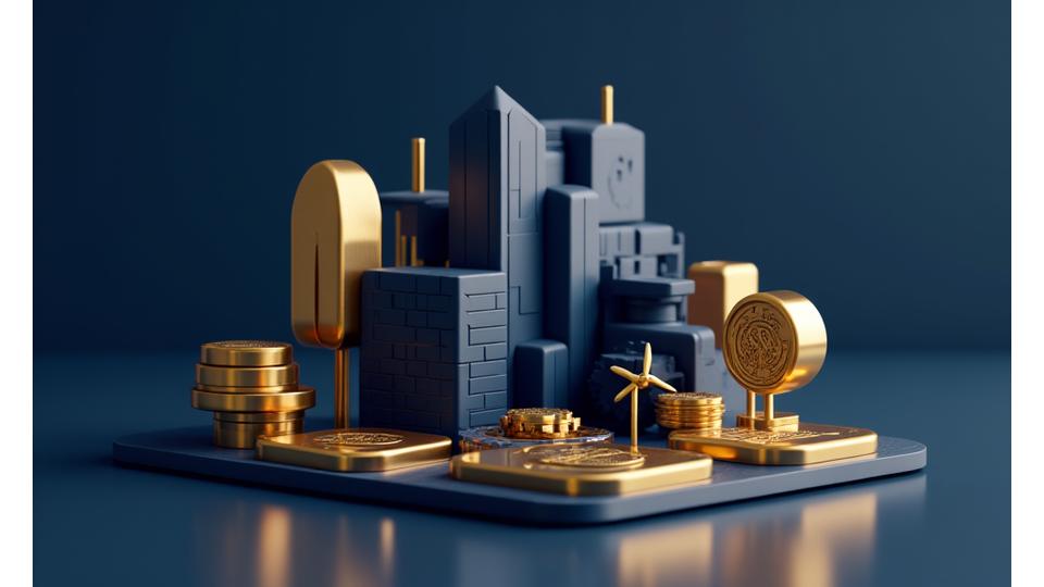 Diversos activos ilustrados digitalmente representando inversiones alternativas: un edificio, un panel solar, un lingote de oro y un gráfico de private equity.