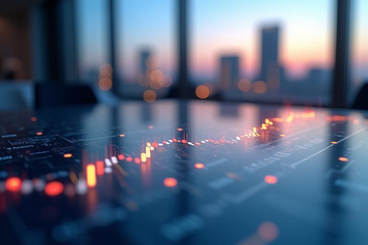 Gráfico financiero complejo con líneas de tendencia y datos, superpuesto con una imagen sutil de un edificio bancario moderno. Refleja la complejidad y la solidez institucional.