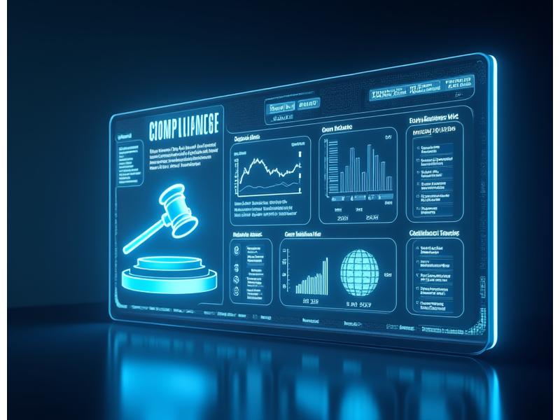 Tablero digital con elementos de cumplimiento normativo: iconos de leyes, gráficos de riesgo regulatorio y un checklist.