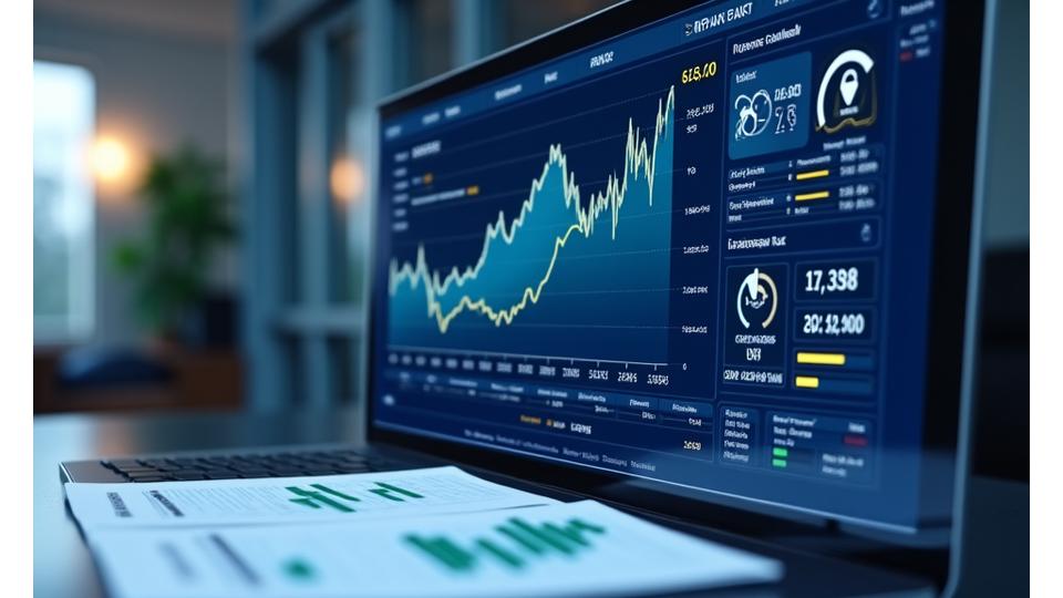 Gráfico de Value-at-Risk (VaR) superpuesto con un tablero de datos de riesgo y un icono de escudo, visualizando la protección contra el riesgo financiero.