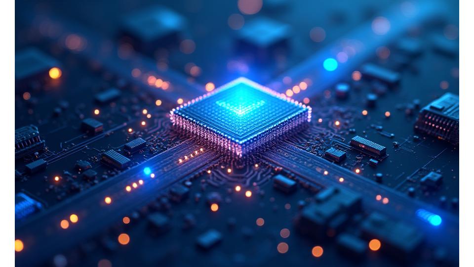 Imágenes superpuestas de un blockchain, elementos futuristas de computación cuántica y un chip, simbolizando tecnologías emergentes.