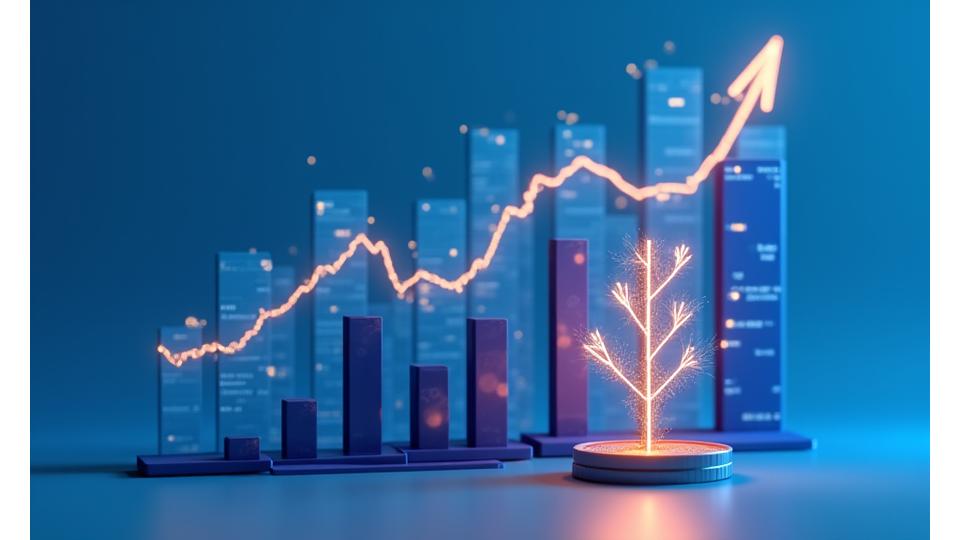 Representación de gráficos de barras y líneas que muestran rendimientos financieros con un ícono de una planta creciendo, simbolizando 'yield farming'.