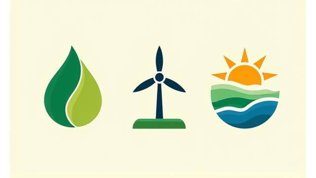 Iconos estilizados que representan energía renovable, gestión de residuos y aire limpio; un árbol, un panel solar y un contenedor de reciclaje.