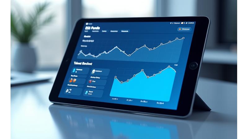 Panel de control interactivo mostrando gráficos de líneas ascendentes para fondos ESG, comparados con el rendimiento del mercado tradicional. Incluye filtros de región y sector.