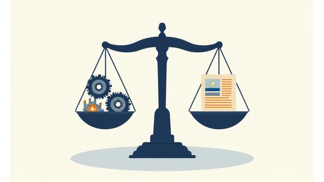 Una balanza equilibrada con engranajes, representando la transparencia, la ética y la estructura corporativa sólida en la gobernanza empresarial.