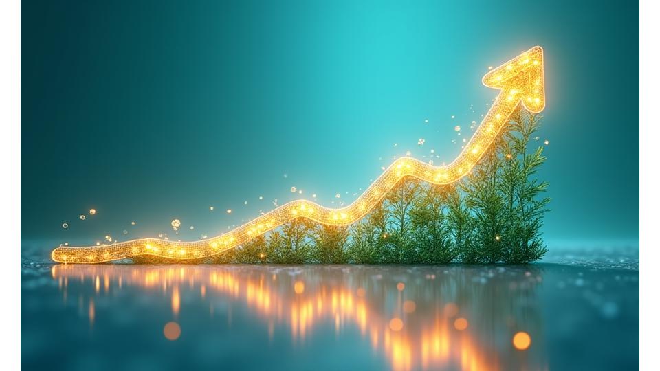 Gráfico de crecimiento optimista con símbolos de sostenibilidad y finanzas entrelazados, reflejando el auge de inversiones ESG.