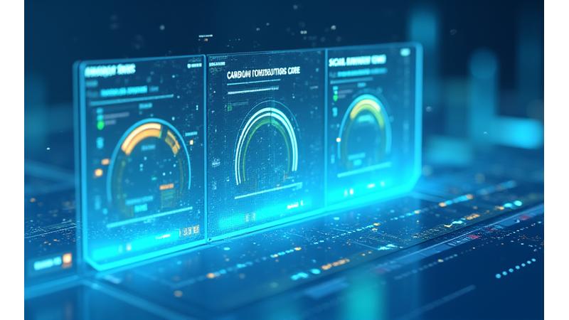 Un conjunto de gráficos y medidores digitales mostrando la huella de carbono, métricas de impacto social y el retorno de la inversión versus el impacto positivo de un portafolio de inversión ESG.