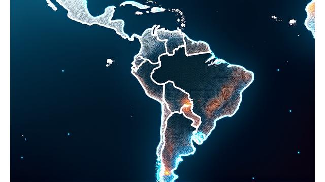 Mapa detallado de América Latina resaltando países con alta actividad de M&A y rutas comerciales, con íconos de finanzas y energía