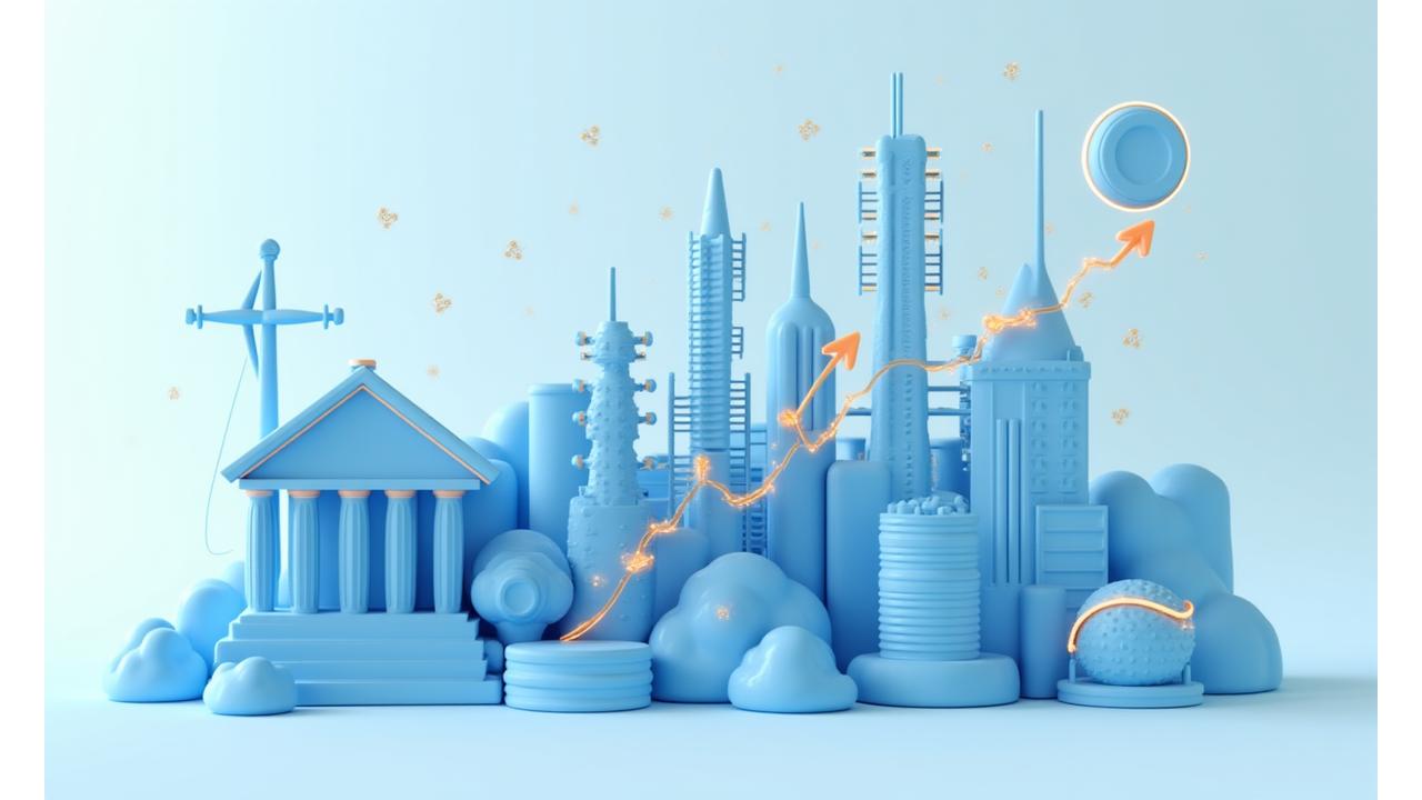 Íconos que representan diferentes sectores como finanzas, telecomunicaciones y energía renovable, conectados por flechas ascendentes que ilustran la consolidación y el crecimiento en mercados emergentes