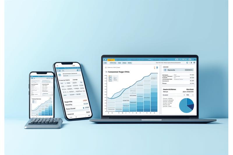 Dispositivos mostrando diferentes calculadoras financieras, como una calculadora de interés compuesto con gráficos y una calculadora de planificación de retiro.