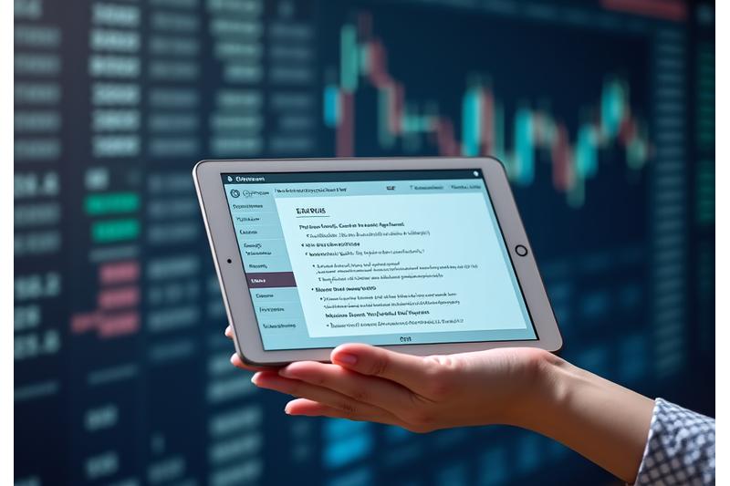 Persona usando una tablet para buscar términos financieros en un glosario digital, con gráficos de acciones difuminados en el fondo.