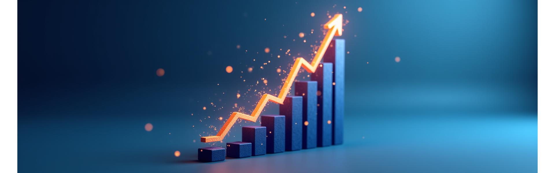 Gráfico financiero abstracto con tendencias alcistas y un icono de crecimiento, encapsulando la educación y el progreso financiero.