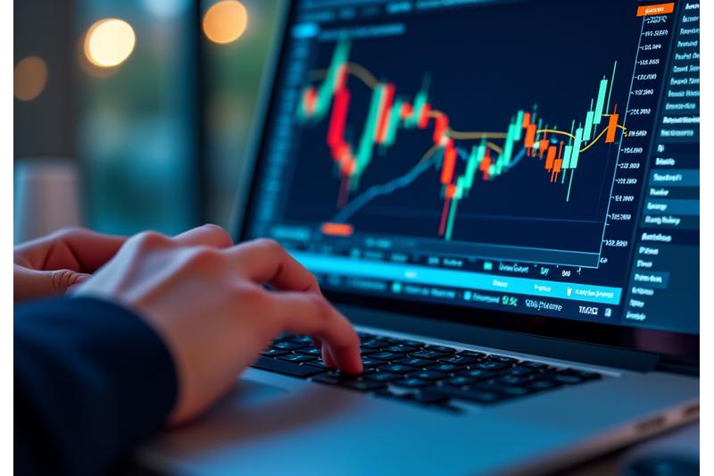 Interfaz de un simulador de trading con gráficos de velas japonesas, datos de mercado y un cursor seleccionando una opción de compra.