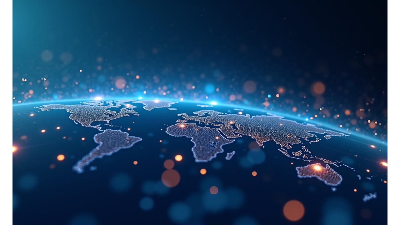 Gráfico de bolsa global superpuesto con datos financieros en tiempo real y líneas de conexión digital, representando la inteligencia de mercado