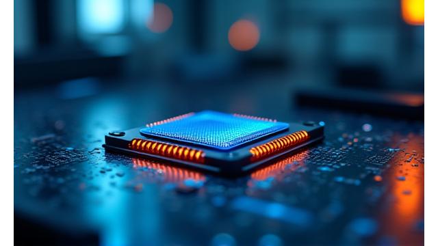 Chip de computadora futurista en un laboratorio, denotando innovación tecnológica.