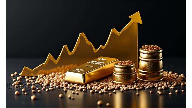 Variedad de commodities como oro, barriles de petróleo y granos, con gráficos de precios superpuestos y un signo de dólar flotando.