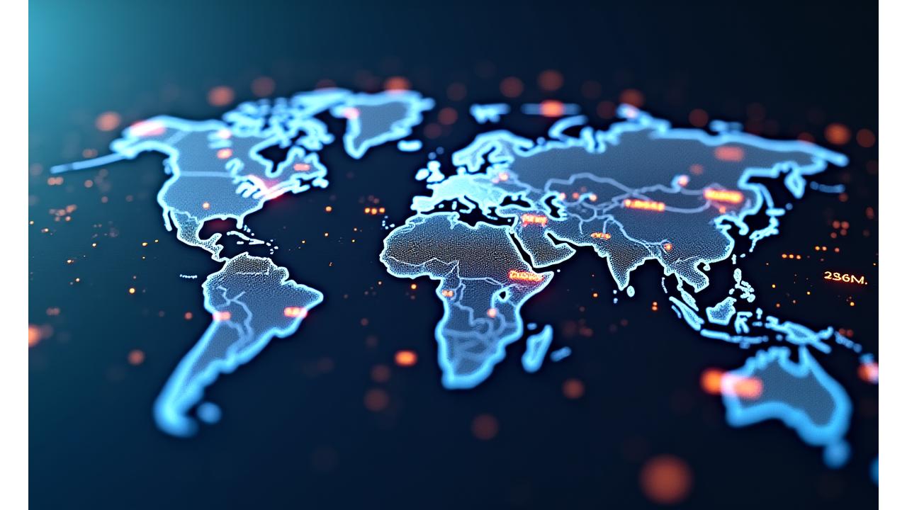 Representación de un mapa mundial interactivo con datos financieros superpuestos, mostrando tendencias de mercado en tiempo real y relojes de sesiones de trading activas