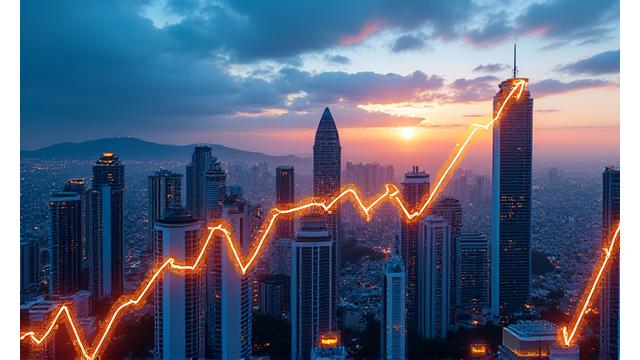 El skyline de São Paulo con un gráfico de acciones superpuesto, representando la economía brasileña.