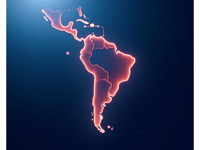 Mapa abstracto de América Latina con datos financieros superpuestos, destacando puntos de crecimiento y oportunidades.