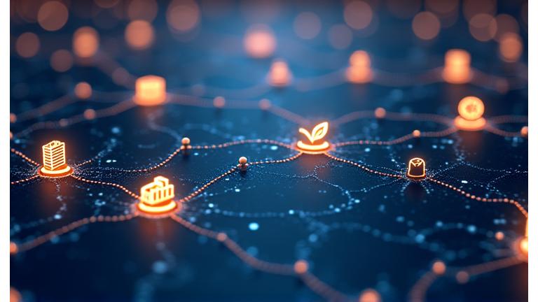 Una red de íconos representativos de diversas oportunidades de inversión como tecnología, energía verde y logística, interconectados por líneas de datos en un fondo oscuro.