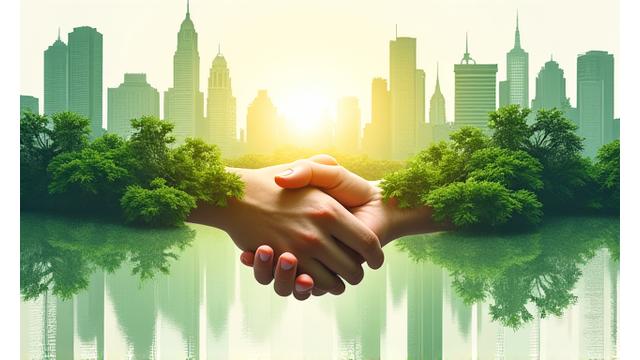 Manos unidas sobre un fondo de hojas y edificios, representando la regulación ESG.