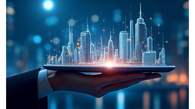 Mano sosteniendo una tableta con gráficos y superpuesta sobre una ciudad con edificios modernos, representando MiFID III.