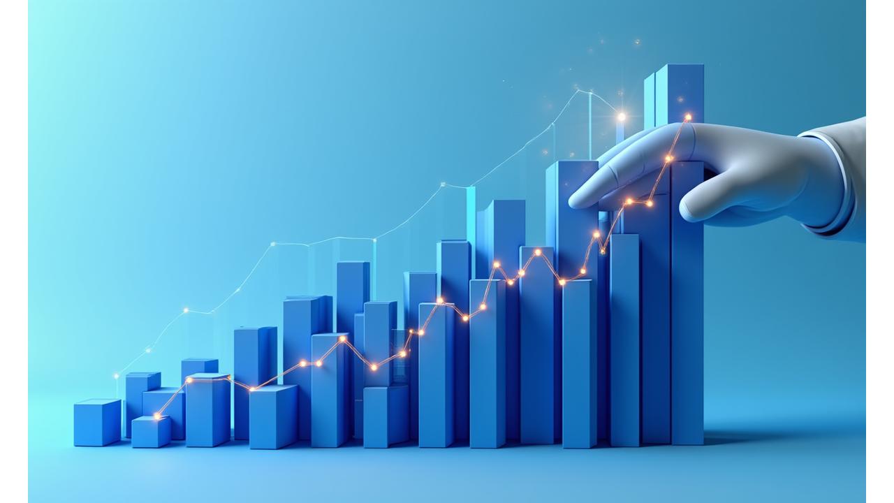 Un gráfico financiero estilizado con barras ascendentes y líneas de tendencia, que irradia confianza y crecimiento. Una mano abstracta sostiene un marcador señalando una tendencia positiva, implicando análisis y dirección. Los colores dominantes son los azules de la marca y acentos de amarillo ámbar.