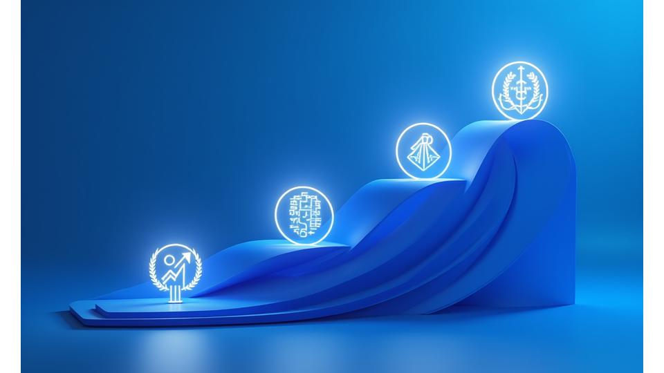 Una representación visual abstracta de una línea de tiempo ascendente con nodos que marcan hitos importantes, conectando pasado y futuro. Incluye pequeños iconos que simbolizan crecimiento, premios y tecnología financiera. Los colores son los azules de la marca con toques de amarillo y destellos de luz que sugieren progreso.