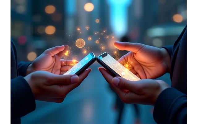 Varias manos interactuando con dispositivos móviles para realizar pagos digitales, con iconos de criptomonedas y transacciones rápidas flotando en el aire.