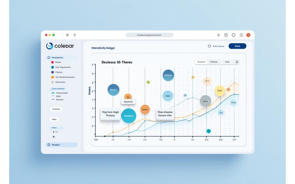 Interfaz de usuario limpia y moderna de un analizador de portafolio, mostrando un gráfico de riesgo vs. retorno con puntos de datos para diferentes temas de inversión y controles deslizantes para ajustar parámetros.